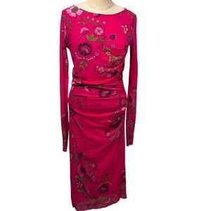 FUZZI Y2K Bodycon M Dark Pink Floral Sheer Sleeve Midi Dress Italy Made Designer